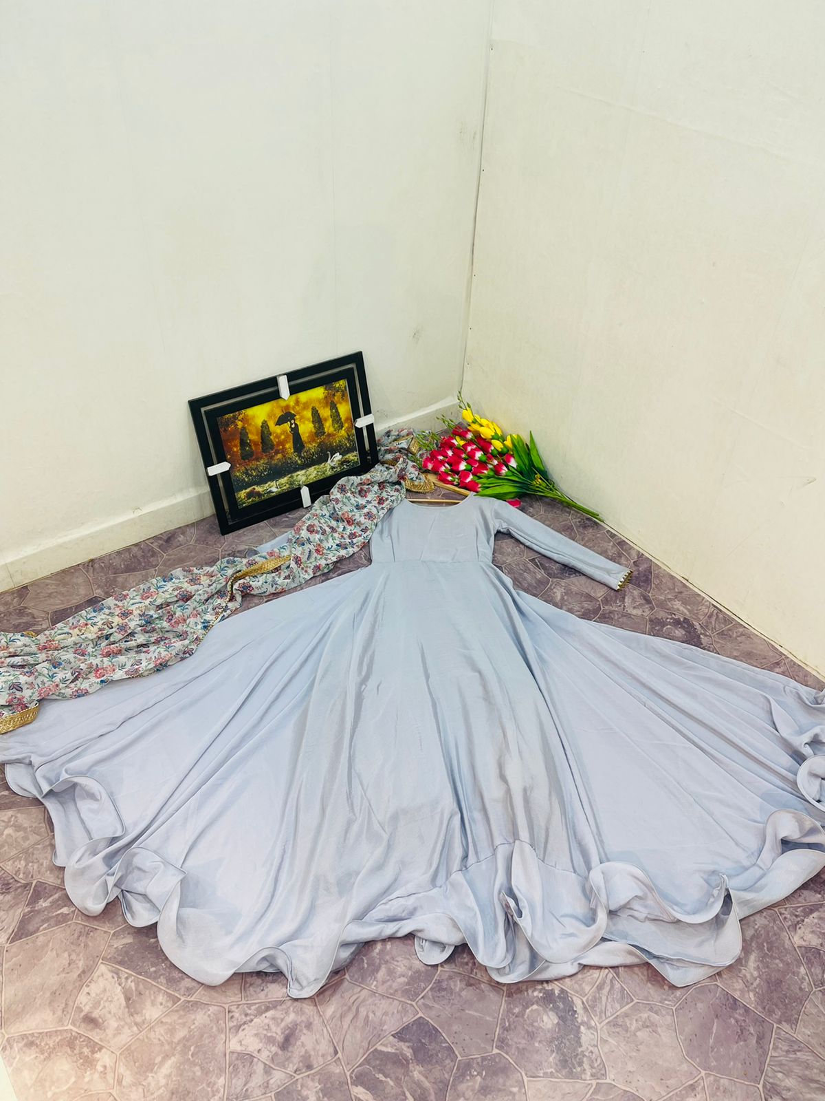 Designer Sky Blue Color Gown With Printed Dupatta