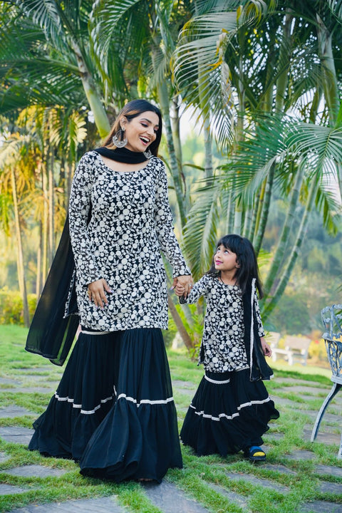 Pretty Black Color Embroidery Sequin Mother-daughter Sharara Suit Main image