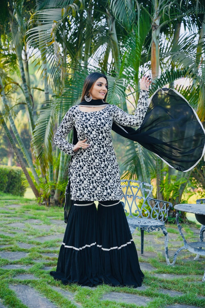 Pretty Black Color Embroidery Sequin Mother-daughter Sharara Suit