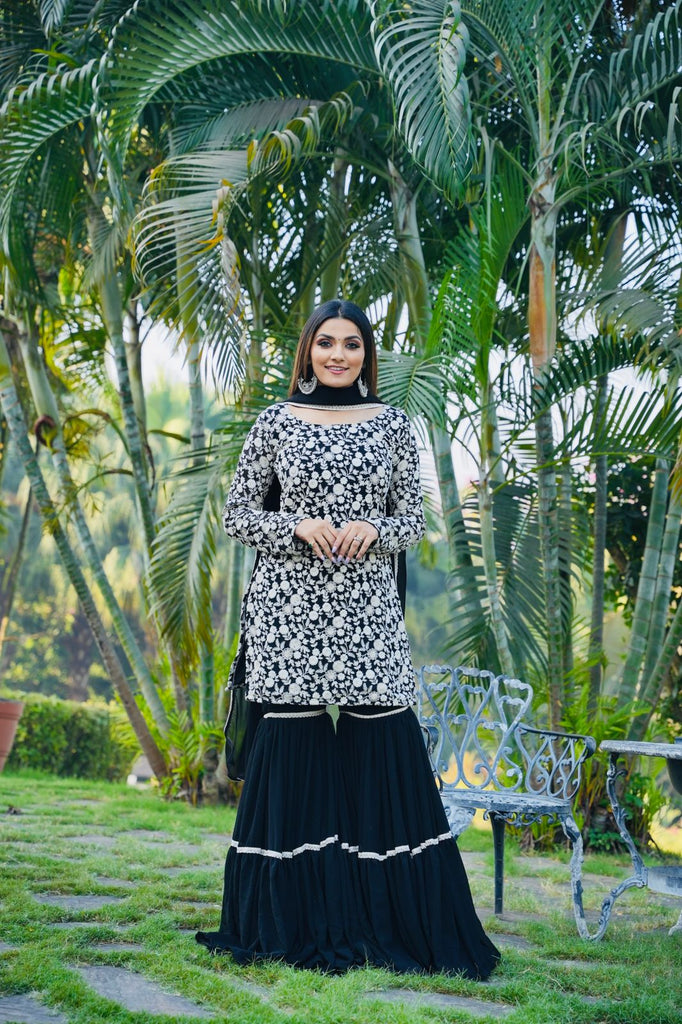 Pretty Black Color Embroidery Sequin Mother-daughter Sharara Suit