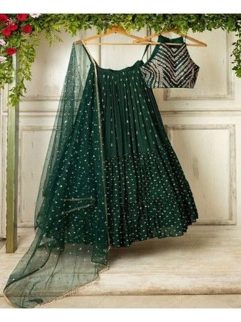 Bottle Green Designer Ruffle Lehenga Choli with Embroidery Work ClothsVilla