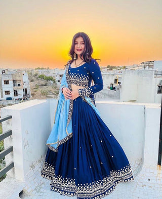 Blue Soft Georgette Lehenga choli with Embroidery work with Soft Georgette Dupatta ClothsVilla