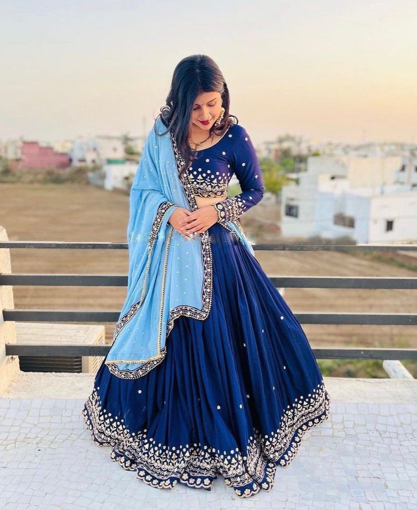 Blue Soft Georgette Lehenga choli with Embroidery work with Soft Georgette Dupatta ClothsVilla