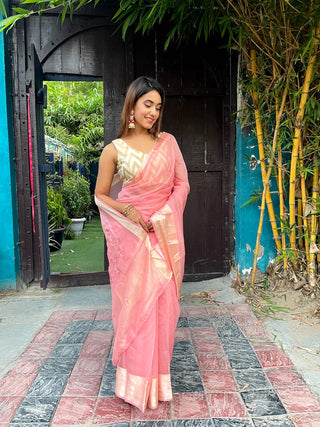 Pink color Pure Organza Saree with Jacquard Blouse ClothsVilla