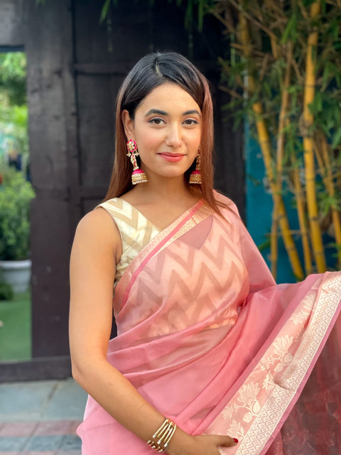 Pink color Pure Organza Saree with Jacquard Blouse ClothsVilla Main image