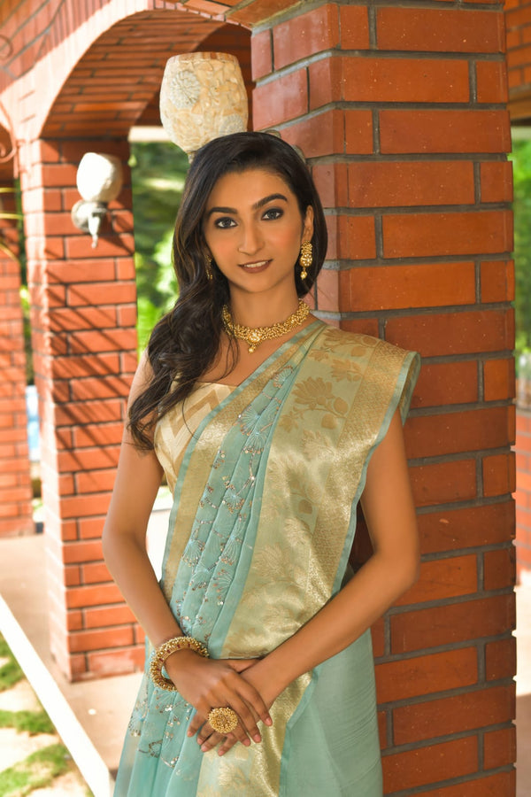 Mint Green color Pure Organza Saree with Jacquard Blouse ClothsVilla