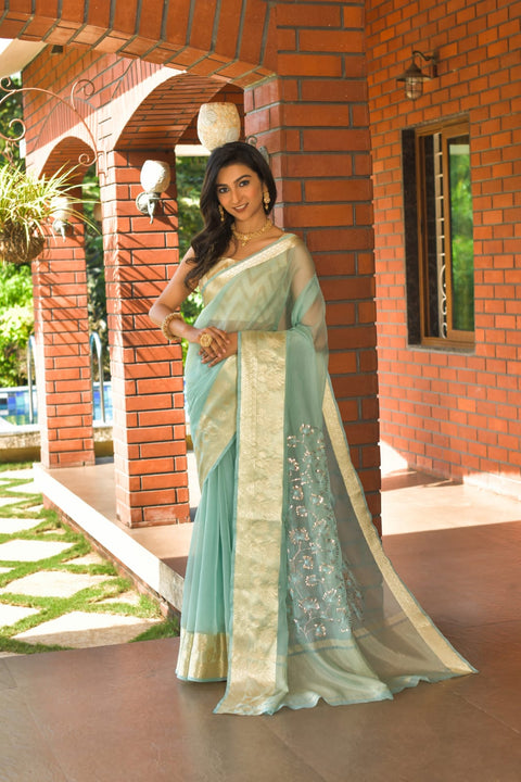 Mint Green color Pure Organza Saree with Jacquard Blouse ClothsVilla Main image
