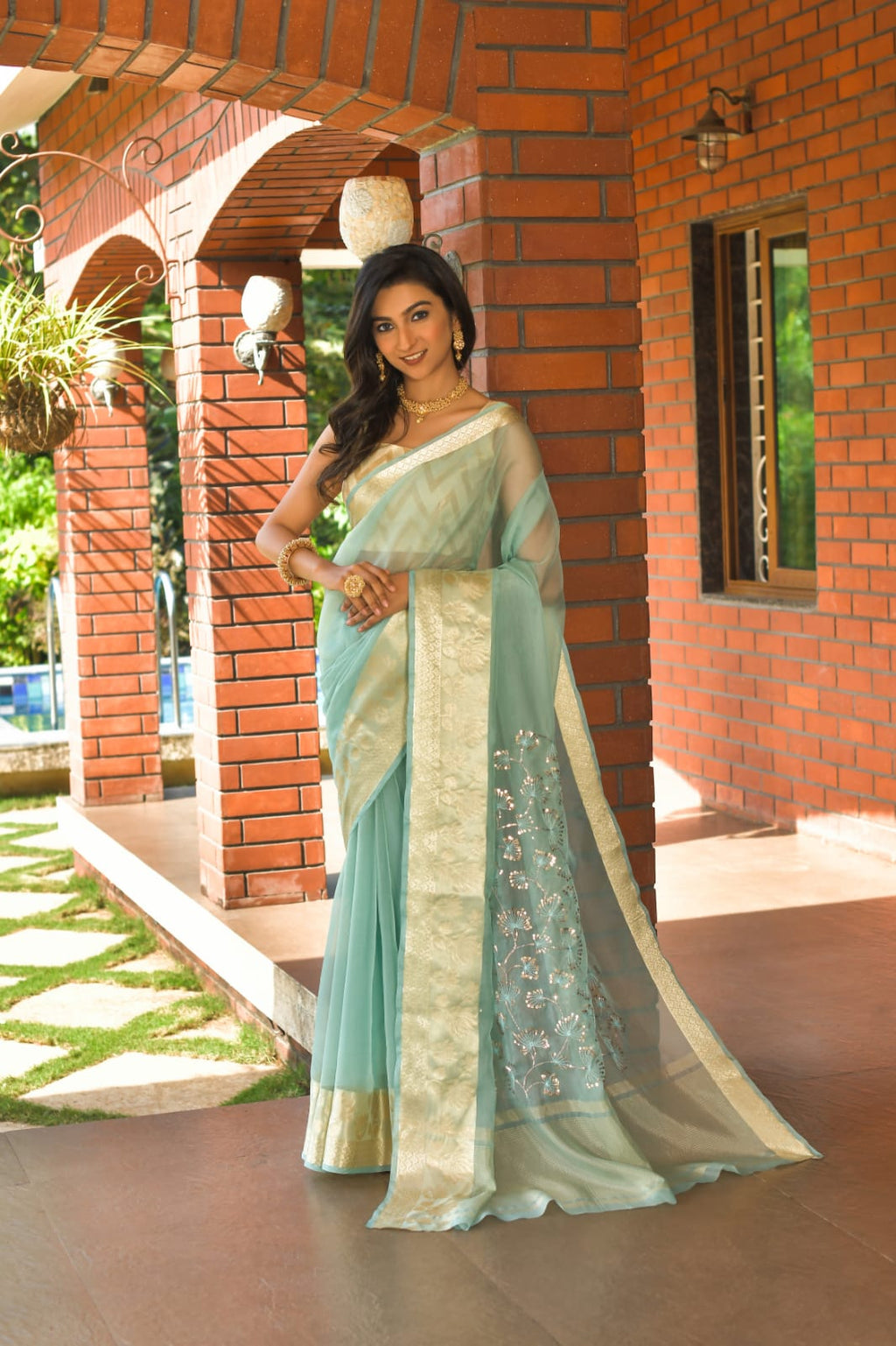 Mint Green color Pure Organza Saree with Jacquard Blouse ClothsVilla