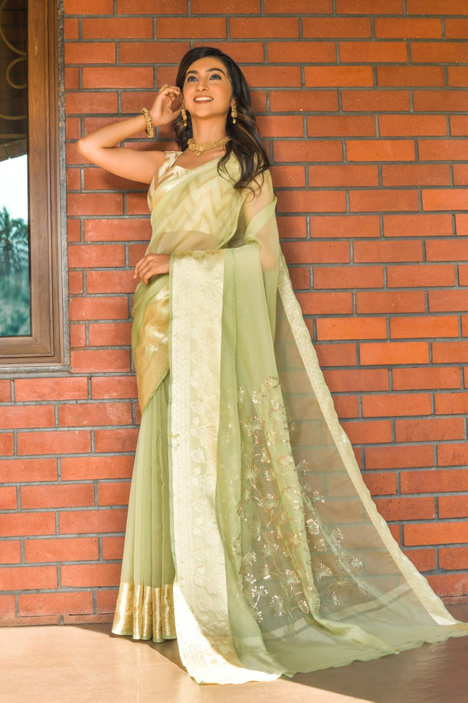 Buy Lemon Green Ombre Saree With A Crop Top In Moti Embroidery, Crop Top  Comes In Half Sleeves And Sweet Heart Neckline