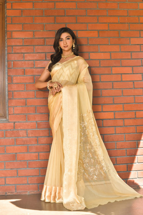 Yellow color Pure Organza Saree with Jacquard Blouse ClothsVilla Main image