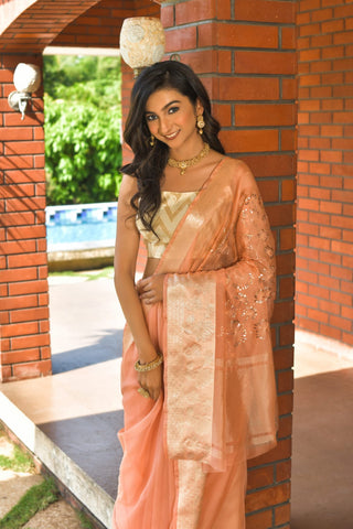 Orange color Pure Organza Saree with Jacquard Blouse ClothsVilla