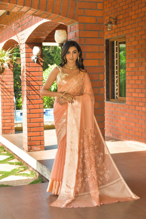 Orange color Pure Organza Saree with Jacquard Blouse ClothsVilla Main image