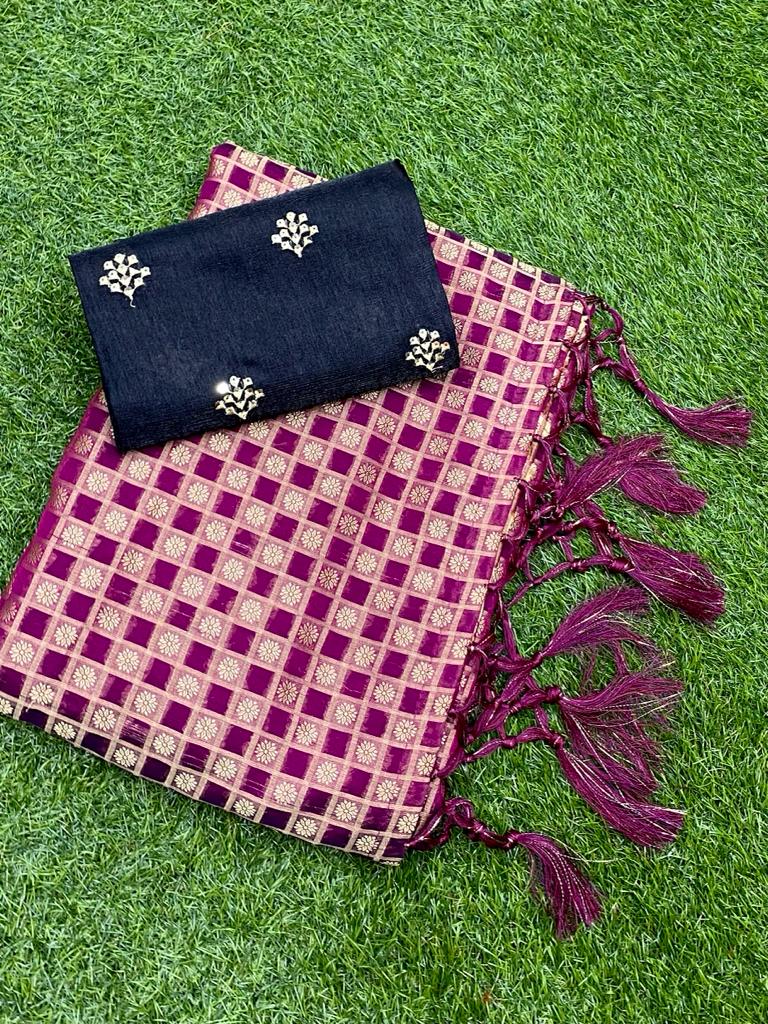 Maroon Jacquard Saree with Black Sequence Blouse ClothsVilla