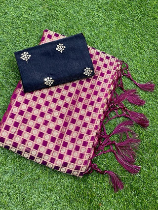 Maroon Jacquard Saree with Black Sequence Blouse ClothsVilla