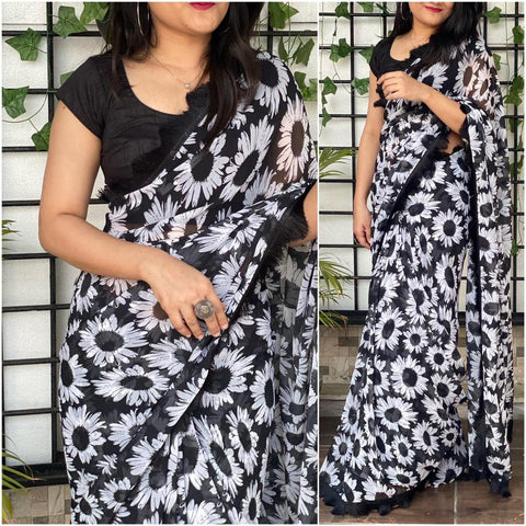 Black Floral printed Georgette Saree with Silk Blouse ClothsVilla Main image