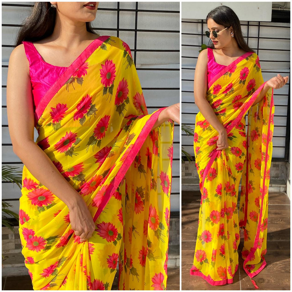 Yellow Floral printed Georgette Saree with Silk Blouse ClothsVilla