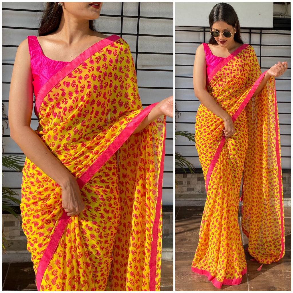 Yellow Floral printed Georgette Saree with Lace Border ClothsVilla