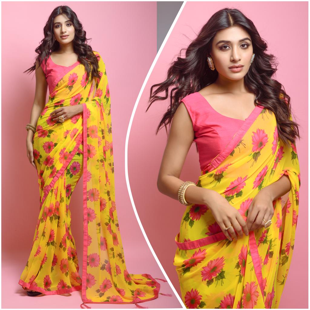 Yellow Floral printed Georgette Saree with Silk Blouse ClothsVilla