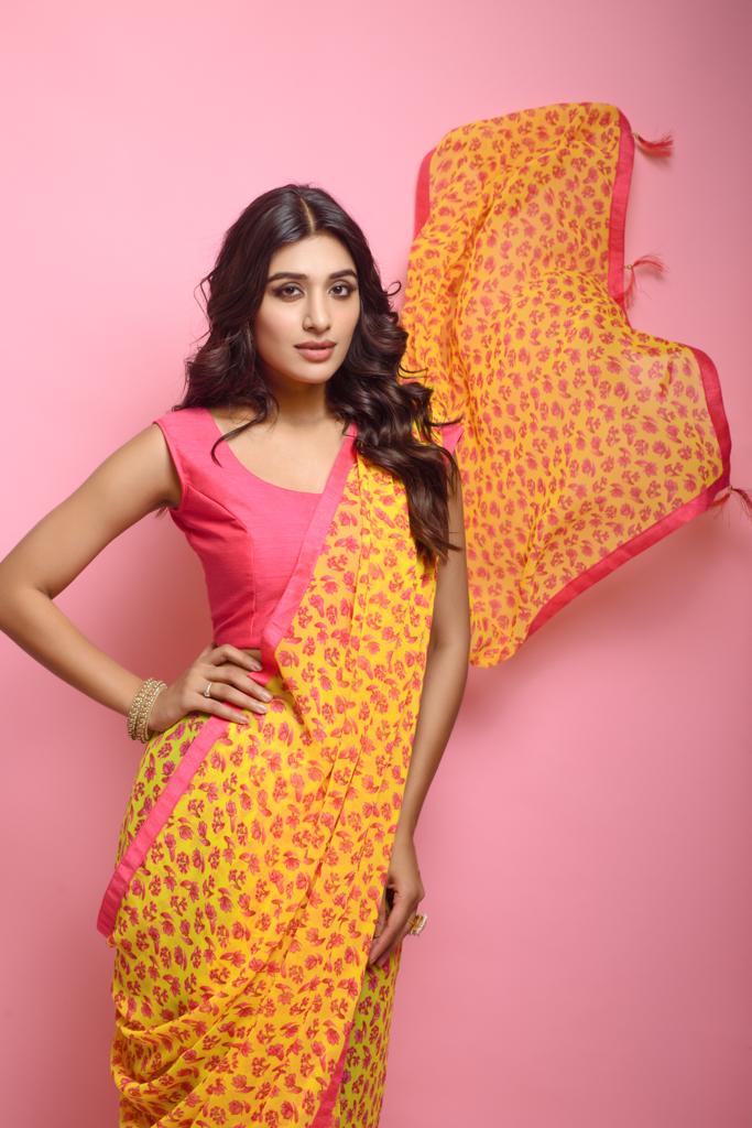 Yellow Floral printed Georgette Saree with Lace Border ClothsVilla