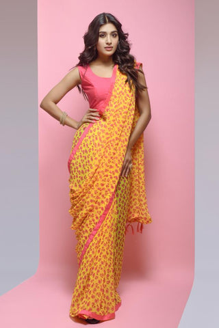 Yellow Floral printed Georgette Saree with Lace Border ClothsVilla