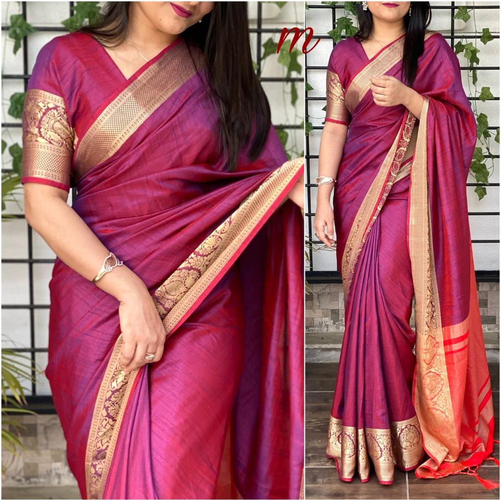 Wine Color Silk Saree with Jacquard Work ClothsVilla