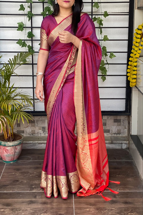 Wine Color Silk Saree with Jacquard Work ClothsVilla Main image