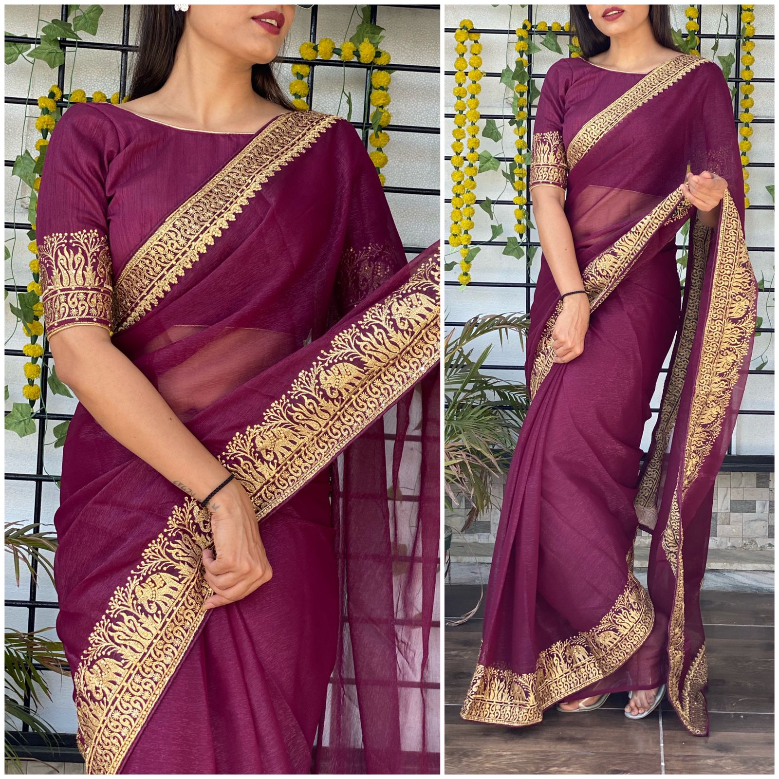 Purple Chiffon Saree with Zari embroidery and Stone Work ClothsVilla