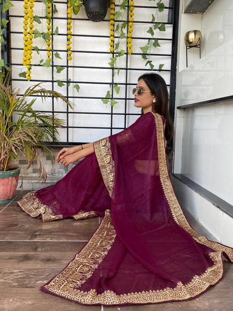 Purple Chiffon Saree with Zari embroidery and Stone Work ClothsVilla Main image