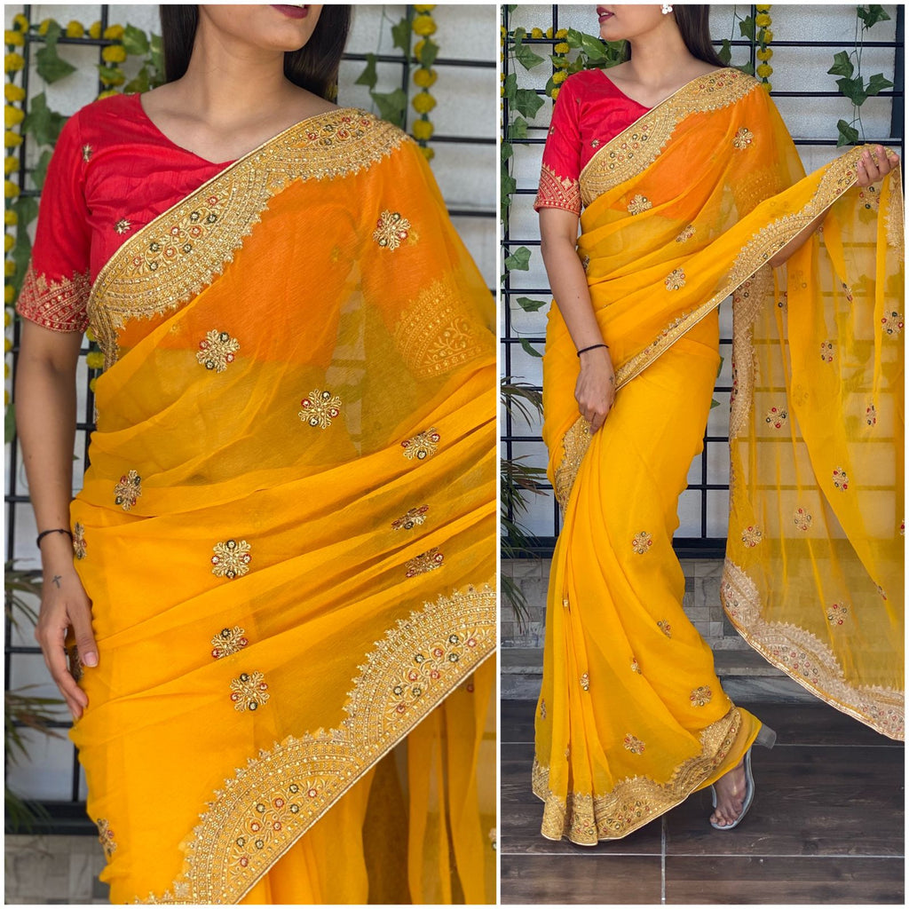 Yellow Chiffon Saree with Zari embroidery and Stone Work ClothsVilla