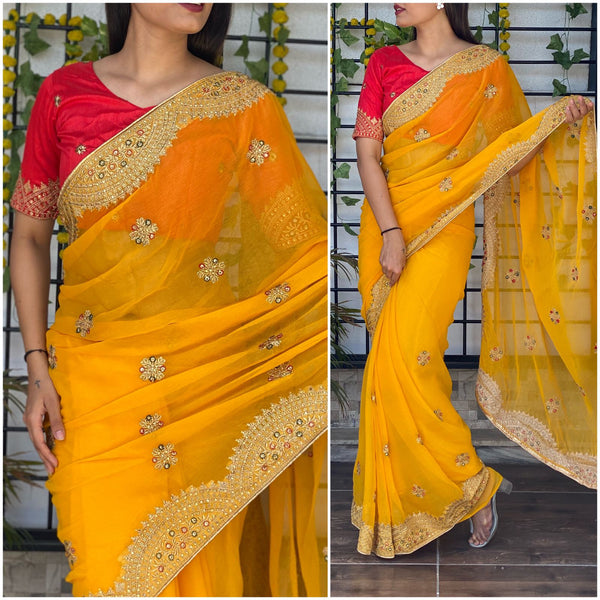 Yellow Chiffon Saree with Zari embroidery and Stone Work ClothsVilla