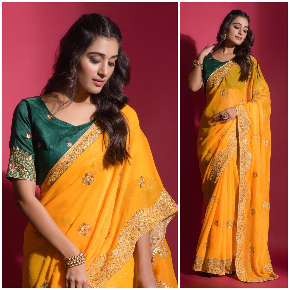 Yellow Chiffon Saree with Zari embroidery and Stone Work ClothsVilla Main image