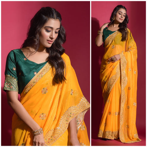 Yellow Chiffon Saree with Zari embroidery and Stone Work ClothsVilla Main image