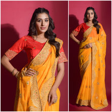 Load image into Gallery viewer, Yellow Chiffon Saree with Zari embroidery and Stone Work ClothsVilla