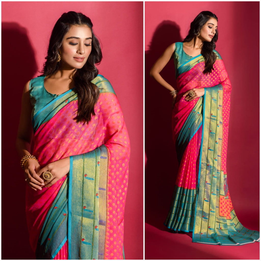 Pink and Blue Brasso Saree with patheni style Pattern ClothsVilla