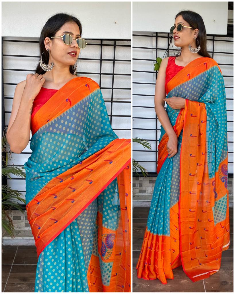 Blue and Orange Brasso Saree with Patheni style Pattern ClothsVilla