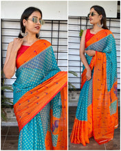 Load image into Gallery viewer, Blue and Orange Brasso Saree with Patheni style Pattern ClothsVilla