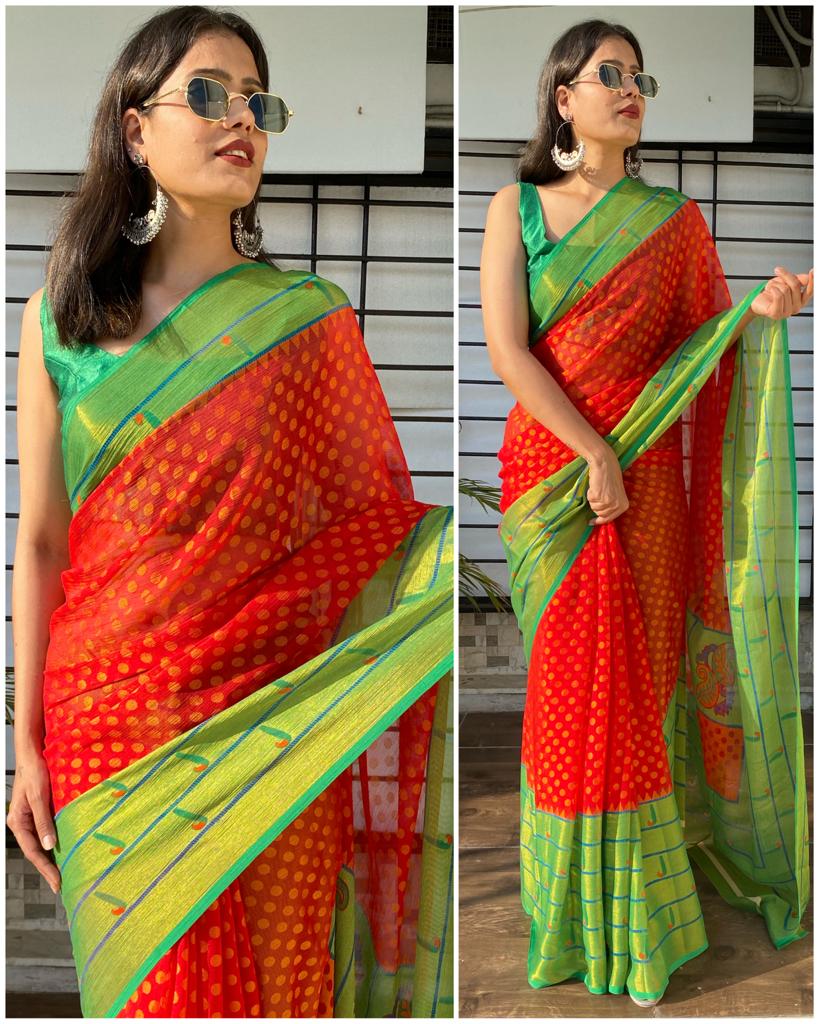 Red and Green Brasso Saree with patheni style Pattern ClothsVilla
