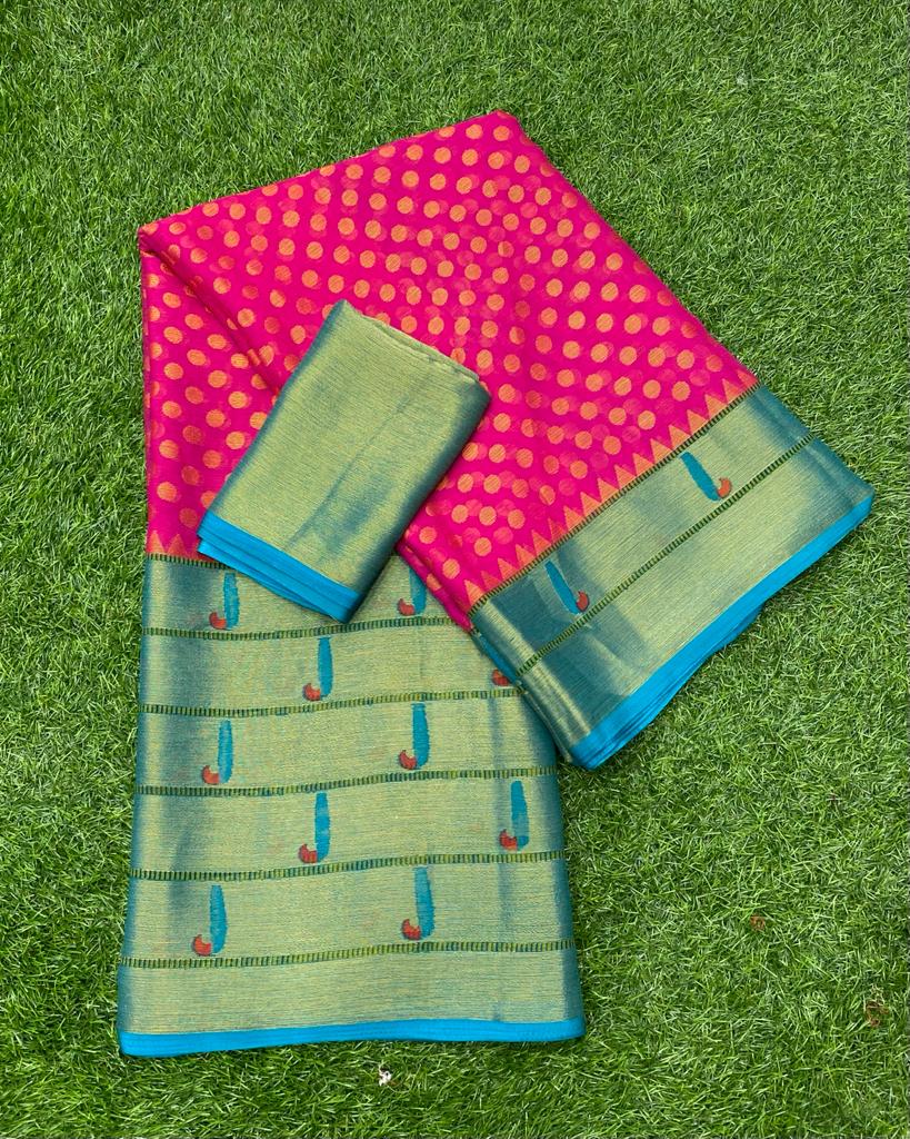 Pink and Blue Brasso Saree with patheni style Pattern ClothsVilla