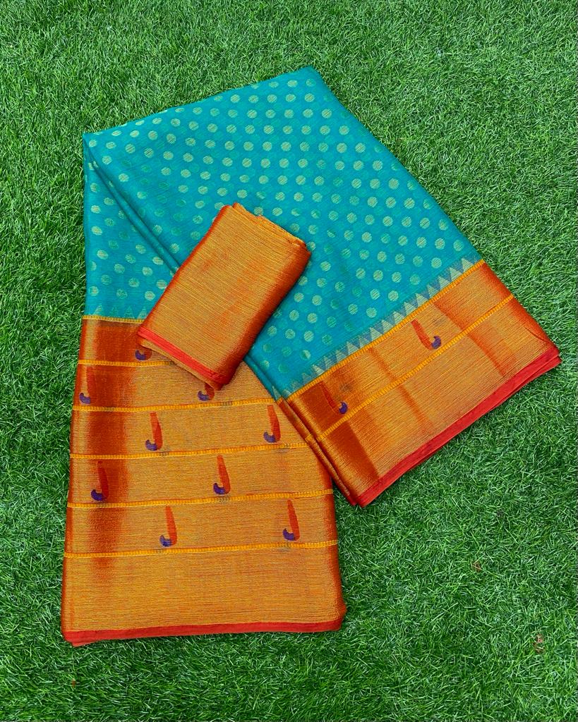 Blue and Orange Brasso Saree with Patheni style Pattern ClothsVilla