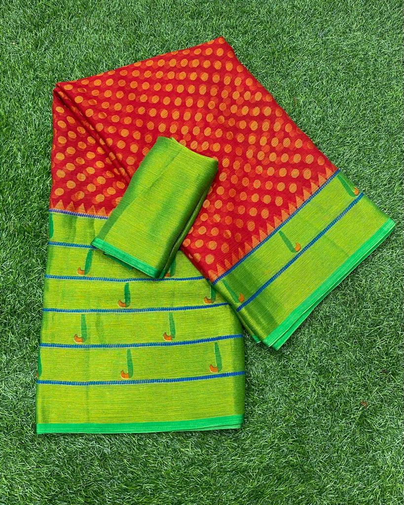 Red and Green Brasso Saree with patheni style Pattern ClothsVilla