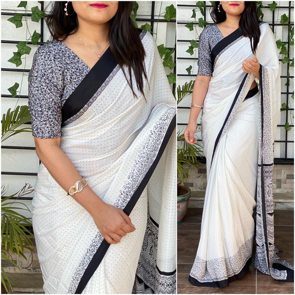 Attractive Black & White Color Georgette With Digital Printed Saree