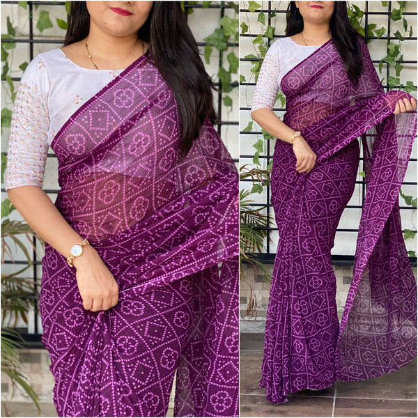 Bandhani printed Georgette Saree with Mirror work Blouse ClothsVilla