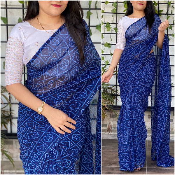 Bandhani printed Georgette Saree with Mirror work Blouse ClothsVilla