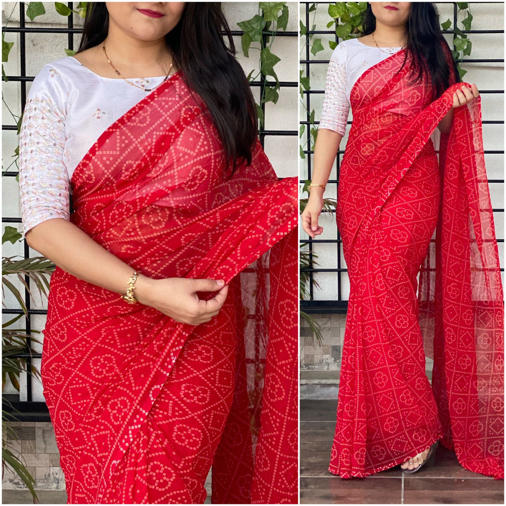Bandhani printed Georgette Saree with Mirror work Blouse ClothsVilla