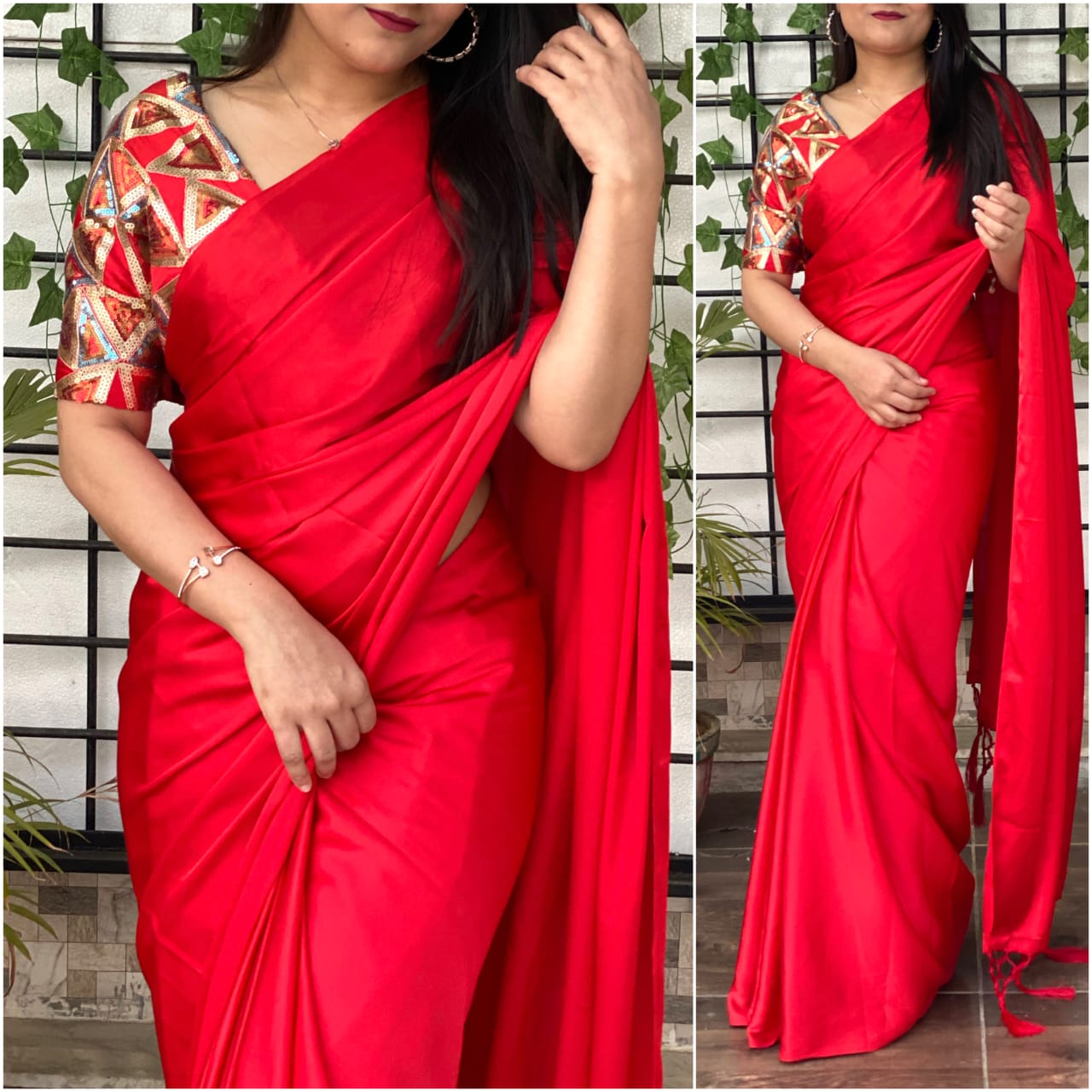 Satin silk Saree with Heavy Sequence Embroidery work Blouse ClothsVilla