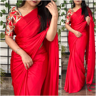 Satin silk Saree with Heavy Sequence Embroidery work Blouse ClothsVilla