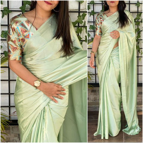 Satin silk Saree with Heavy Sequence Embroidery work Blouse ClothsVilla Main image
