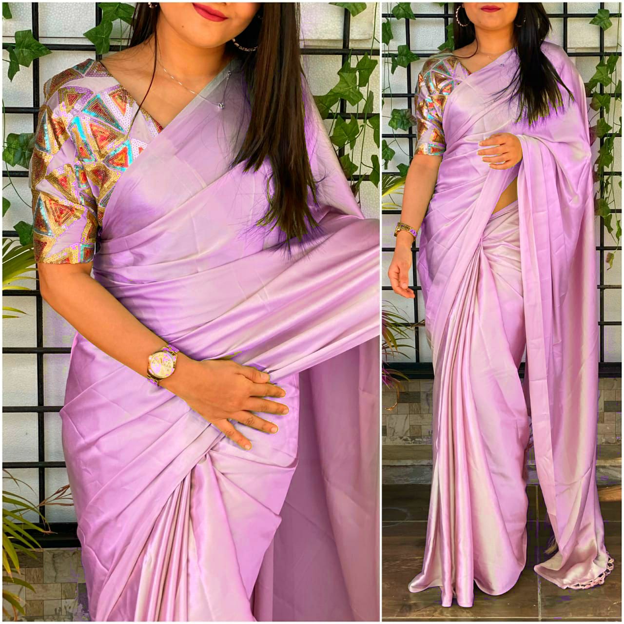 Amythst Chiffon Saree with Fuchsia Satin Border & Green Sequin Blouse –  Swtantra