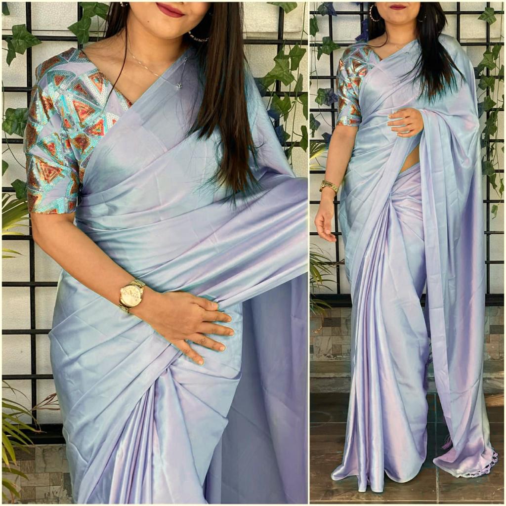 Satin silk Saree with Heavy Sequence Embroidery work Blouse ClothsVilla
