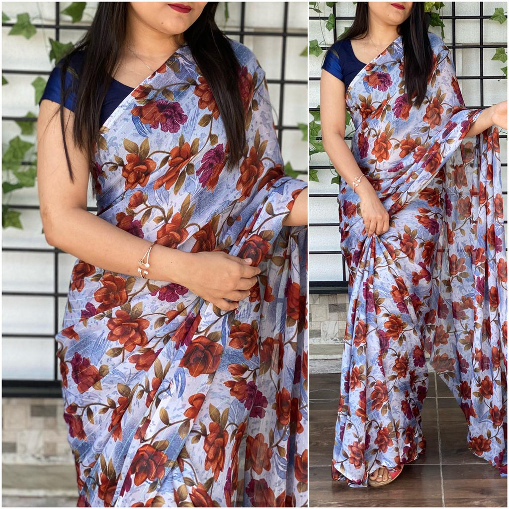 Blue Georgette Printed Saree with Satin silk Blouse ClothsVilla